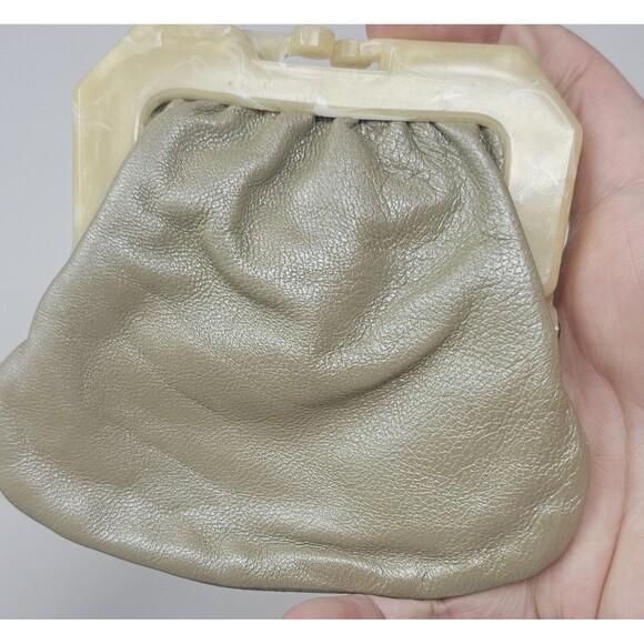 Vintage Green Italian Leather Cream Marbled Tortoise Shell Kiss Lock Coin Purse - Picture 4 of 8